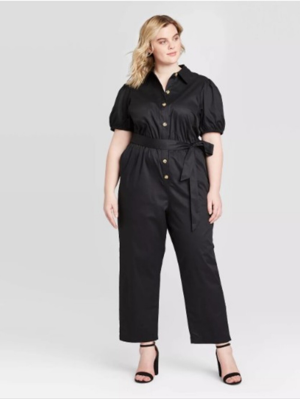NWT Who What Wear Puff Short Sleeve Button Front Belted Jumpsuit Black L